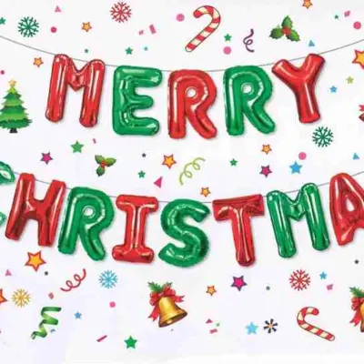 This "Merry Christmas" foil balloon banner in festive red and green is an easy way to decorate any space for the holidays. It's perfect for home, office, or school parties.