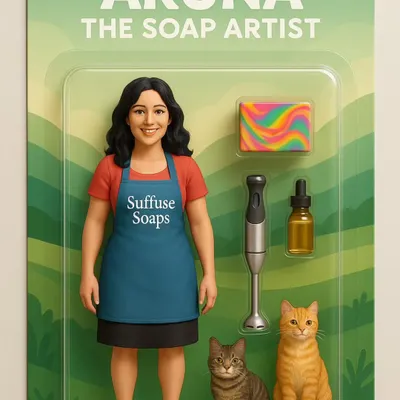 Meet Aruna the Soap Artist! A fun, custom action figure that captures my life as a maker, complete with a swirl soap, stick blender, and my beloved cats.