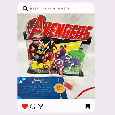 Assemble the ultimate Rakhi gift! This Avengers-themed hamper is perfect for a little superhero, celebrating the bond of Raksha Bandhan.