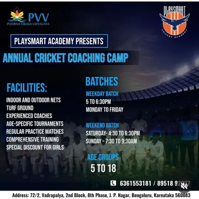 Our official poster for the Annual Cricket Coaching Camp. It details our facilities, batch timings for weekday and weekend sessions, and age groups from 5 to 18.