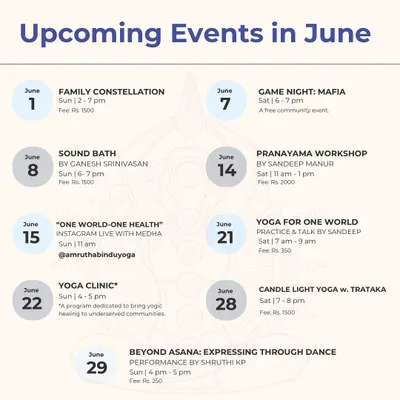 Here is a look at our packed calendar for June, celebrating the International Day of Yoga theme "One World, One Health." Our offerings include a Pranayama workshop, a Sound Bath, a free Mafia game night, and a talk on yoga for one world.