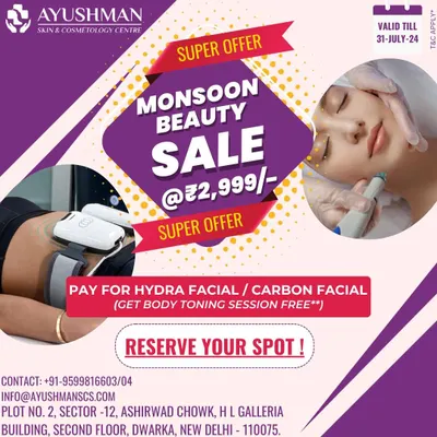 Take advantage of our Monsoon Beauty Sale. This special offer lets you choose between a HydraFacial or Carbon Facial and receive a complimentary body toning session, giving you a complete rejuvenation experience at an exceptional value.