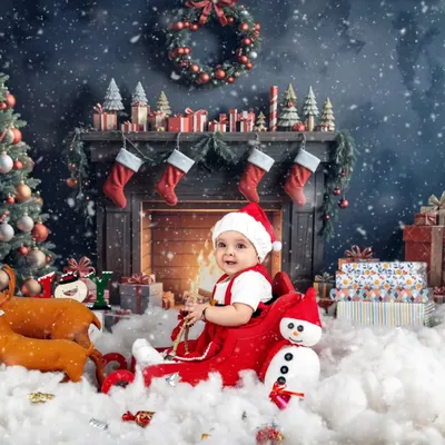 The most wonderful time of the year! This cozy Christmas fireplace scene is the perfect backdrop for your baby's first holiday portrait.