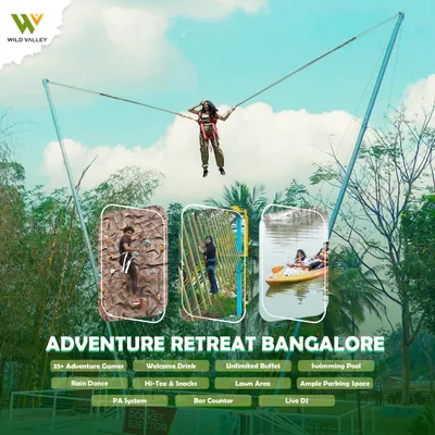 Welcome to our Adventure Retreat on Kanakapura Road, just a short drive from Bangalore. It's packed with over 35 activities, including the thrilling Rocket Ejector, ziplines, and extensive rope courses.