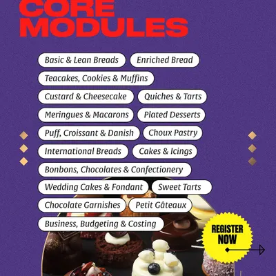 A look at the core modules covered in our comprehensive Six Week Certificate Programme. This course takes you from beginner to advanced in just 1.5 months, covering everything from breads and cakes to chocolates and plated desserts.