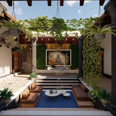This 3D visualization shows a 'Totti Mane' or traditional courtyard house concept, blending heritage architecture with modern living. I specialize in creating these open, light-filled spaces that connect you with nature.