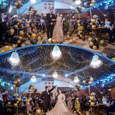 The couple makes a grand entrance at their engagement party, surrounded by balloons and fairy lights, ready to dance the night away.