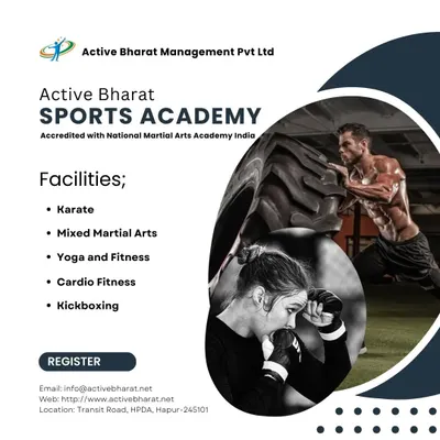 See how our partners leverage our brand. This is a promotional graphic from Active Bharat Sports Academy in Hapur, an accredited NMAA center, showcasing the variety of training they offer, including karate, MMA, yoga, and kickboxing, all under our recognized banner.