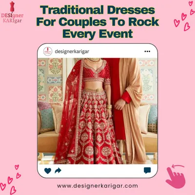 A classic combination for the perfect couple portrait. This shows a bride in a traditional red lehenga and a groom in a simple, elegant beige sherwani, a timeless look I can customize for you.