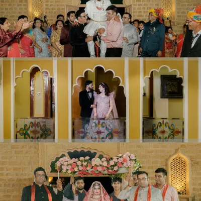 A collage capturing the key moments of a grand wedding entrance: the groom carried in triumph, the couple's first appearance, and the bride's entry under a phoolon ki chaadar.