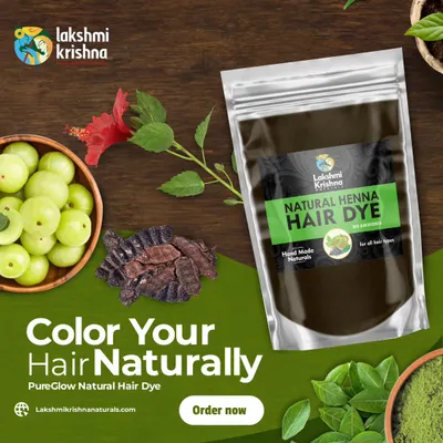 Color your hair naturally with our PureGlow Natural Hair Dye. This image showcases the natural ingredients like amla and hibiscus that go into our handmade henna dye, offering a safe and healthy way to cover greys.