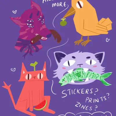 This digital illustration is a great example of my signature cartoon art style, featuring funky, multi-eyed creatures and vibrant colors. These designs are what I use to create a whole range of products, from art prints to zines.