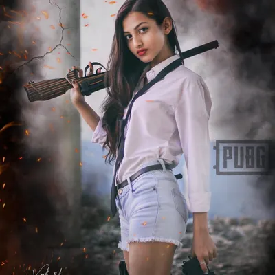 A full-length shot from our PUBG series, complete with dual weapons and a battle-ready stance. The smoky, destroyed background and fire embers are added in post-production to create an immersive, high-stakes atmosphere.