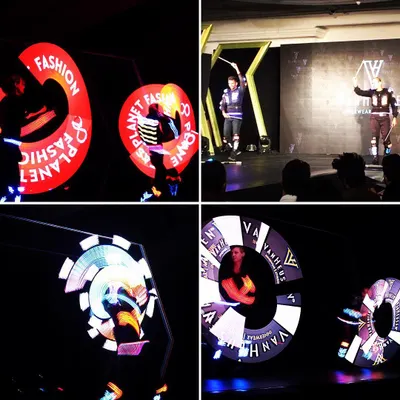 This collage showcases the different visual elements from my performances for the Van Heusen launches in Delhi and Mumbai. It features custom logo displays on the Cyr wheel and pixel poi, demonstrating the versatility I offer for a single branding event.