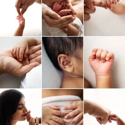 A collage of all the little things: tiny hands, wrinkly feet, a mother's kiss, and a father's touch. These are the details that make up the big picture of your love story.