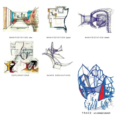 My design process is rooted in theory and art. It begins with hand-done sketches, like these explorations for a filmmaker's apartment, that evolve from abstract ideas into concrete architectural elements.