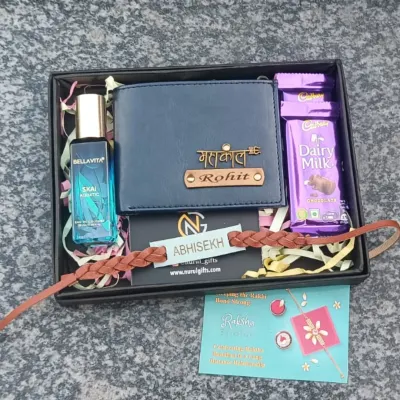 A complete Rakhi hamper for your brother. This includes a personalized wallet, a leather-strap Rakhi, Bella Vita perfume, Dairy Milk chocolates, and a Raksha Bandhan card.