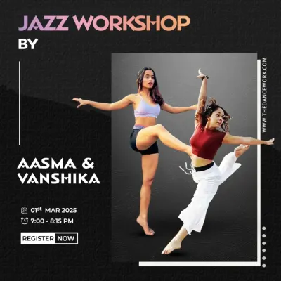 A poster for our Jazz Workshop in Bandra, led by our talented instructors Aasma and Vanshika. These open workshops are perfect for honing your jazz technique.