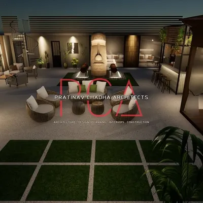 A visualization of a beautifully designed terrace garden at night. This view shows multiple seating areas, a stylish bar, and a central water feature with a statue, creating an ideal space for entertaining.