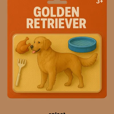 If your dog was an action figure, what accessories would they come with? This Golden Retriever starter pack comes with a toy chicken, a water bowl, and a fork for distinguished dining.
