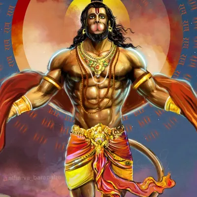 A powerful depiction of Lord Hanuman, radiating divine energy. This artwork shows him as the son of the wind god, with the name of Ram surrounding him, symbolizing his immense devotion.