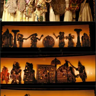 A glimpse into the world of traditional shadow puppetry. This collage shows the puppets, made of treated leather, and the artists who manipulate them behind a screen to create the moving silhouettes.