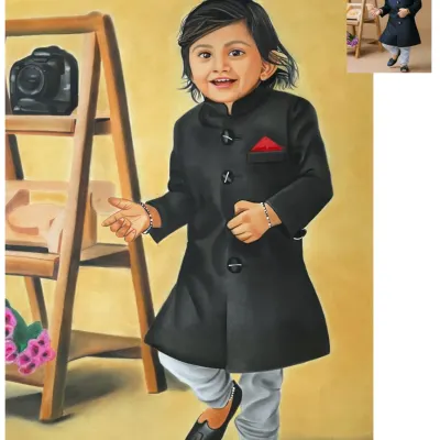 This A1 size portrait of a little boy in a formal coat is absolutely adorable. The large format allowed me to capture the texture of his coat and his charming expression in great detail using colored pencils.