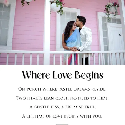 Where love begins. A gentle kiss on the porch of a pastel-pink house creates a dreamy, storybook feel. I use soft focus and floral elements to enhance the romantic atmosphere.