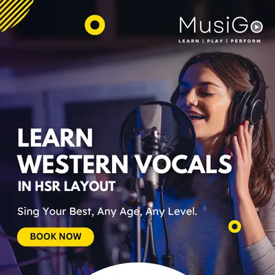 Find your voice with our Western Vocal classes in HSR Layout. This graphic highlights our offering for singers of any age and any level to perfect their pitch and sing with confidence.