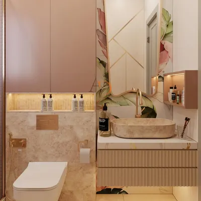 This bathroom vanity is a statement in modern luxury, featuring a ribbed floating cabinet, a natural stone vessel sink, and rose gold fixtures. The design is complemented by a floral accent wall and a backlit niche for a spa-like feel.