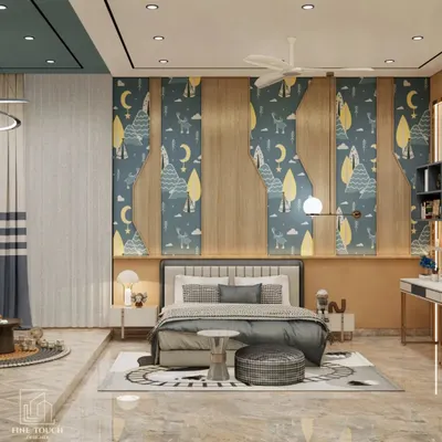 A full view of a child's bedroom designed with a whimsical forest theme. The room combines playful wallpaper with sophisticated wood paneling, creating a space that is both fun for a child and stylishly designed.