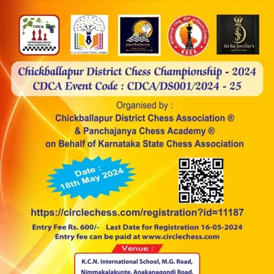 Poster for the Chickballapur District Chess Championship 2024, organized in collaboration with the district and state chess associations. My role involves complete event management from registration to prize distribution.