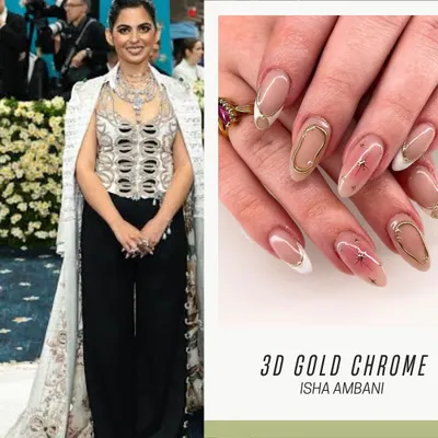 Inspired by Isha Ambani's Met Gala look, this set features stunning 3D gold chrome accents. It's a design that brings red carpet glamour to your fingertips.