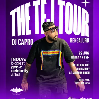 The official poster for 'The Tej Tour' at Sunburn Union, one of Bangalore's premier nightlife spots.