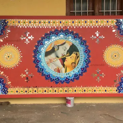 The completed Radha-Krishna panel, ready for installation. This large-scale piece combines painting with traditional Lippan craft, showcasing our ability to execute complex, customized figurative art for our clients.