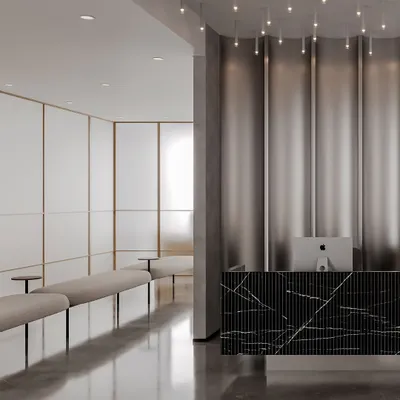 This eye clinic project combines timeless aesthetics with optimal functionality. The reception features a bold, fluted black marble desk set against a metallic curtain, while the waiting area beyond uses frosted glass and soft lighting for a calming effect.