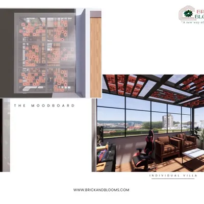 A mood board showing our design for a glass-enclosed terrace room. The standout feature is the pergola roof with terracotta jali panels, which casts artistic shadows on the floor below.