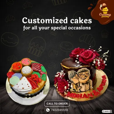 From a cake that looks like a traditional thali meal to one inspired by the movie "Up," I love a creative challenge. This image shows the variety of custom designs I can bring to life for your special occasion.