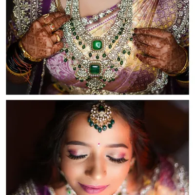 A diptych showcasing the intricate details of the bride's emerald jewelry and her flawless makeup.