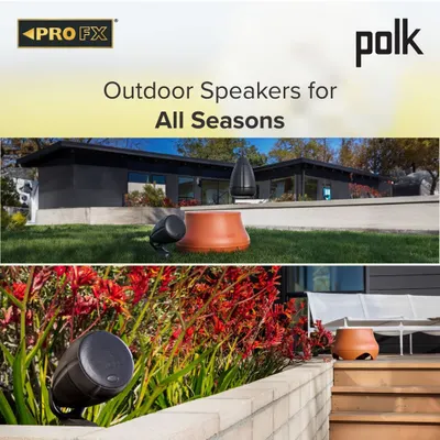 This installation demonstrates how our Polk Atrium speakers provide complete audio coverage for all seasons. The satellite and subwoofer units are strategically placed to deliver a balanced soundscape across the lawn and garden.