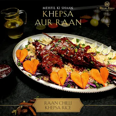 This is how you celebrate a feast. My Raan Chilli Khepsa Rice is a full platter of joy, featuring a whole spiced raan resting on a bed of aromatic Khepsa rice. Garnished with boiled eggs and heart-shaped carrots, it’s a dish made for sharing with the people you love.