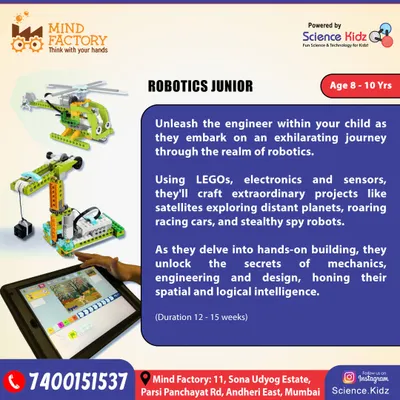 Our Robotics Junior program for ages 8-10 is where kids start building more complex projects. Using LEGOs, electronics, and sensors, they create things like racing cars and spy robots while learning about mechanics and coding.