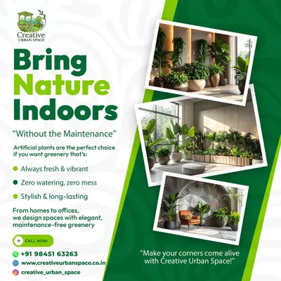 Wondering about upkeep? We offer stunningly realistic artificial greenery for a beautiful, maintenance-free solution. This collage highlights how our high-quality artificial plants can bring lasting vibrancy to any indoor space, from office corners to reception areas, with zero watering or special care required.