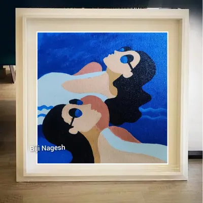 This minimalist painting of two friends enjoying the beach is about celebrating friendship. I can create similar stylized portraits from your photos, capturing a special memory in a unique, artistic way.