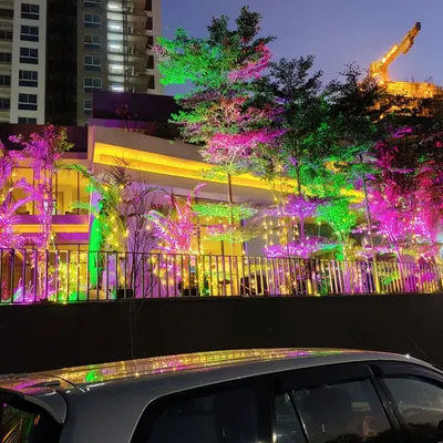 We use a combination of colorful uplighting and warm fairy lights to create a magical atmosphere for evening garden parties, completely transforming the look of the venue.