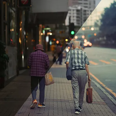 A side-by-side comparison of an elderly couple in Kowloon. The 'After' shot, edited with my presets, adds warmth and a storybook feel, highlighting the emotional connection that was already there.