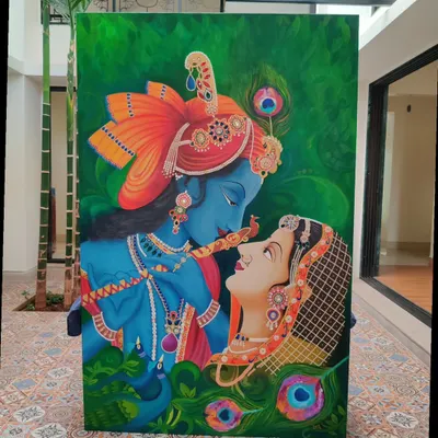 If you're looking for the perfect wall art, let's create it together. Tell me the vibe you're dreaming of, and I will design a custom painting like this Radha Krishna masterpiece that brings your space to life.