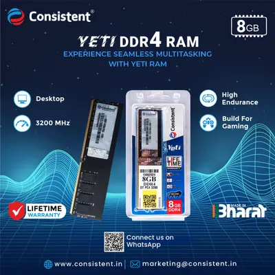 Our Yeti 8GB DDR4 RAM is built for seamless multitasking and gaming. Operating at 3200 MHz, this desktop memory module offers high endurance and comes with a lifetime warranty, proudly made in Bharat.