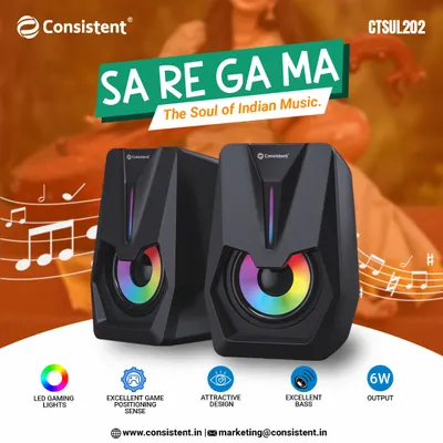 The "Sa Re Ga Ma" USB speakers are inspired by the soul of Indian music, delivering excellent bass and game-positioning sense. These 6W speakers feature LED gaming lights and an attractive design to enhance your desktop audio.