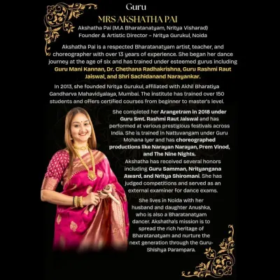 My official bio, detailing my training, achievements, and the philosophy behind Nritya Gurukul.